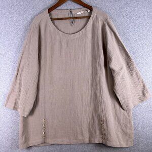 Soft Surrounding Shirt Women's 3X Taupe Crinkle Tunic Button Hem Lagenlook Boho